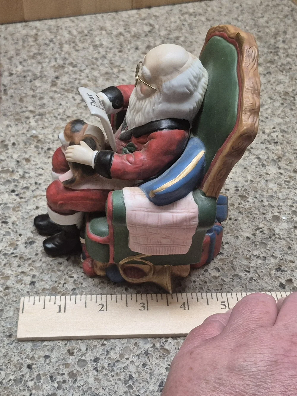 Vintage Musical Santa in Armchair Puppies Reading Letter Plays Here Comes Santa